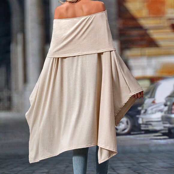 Apricot Elegant Women's Off Shoulder Asymmetrical Hem Tee - Picture 2 of 7